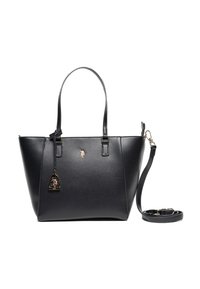Czarna syntetyczna torba typu tote z złotymi akcentami, podwójnymi uchwytami, odpinanym paskiem na ramię i teksturowanym wykończeniem. Posiada zawieszkę z logo.