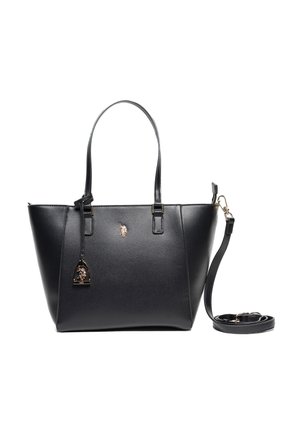 Czarna syntetyczna torba typu tote z złotymi akcentami, podwójnymi uchwytami, odpinanym paskiem na ramię i teksturowanym wykończeniem. Posiada zawieszkę z logo.