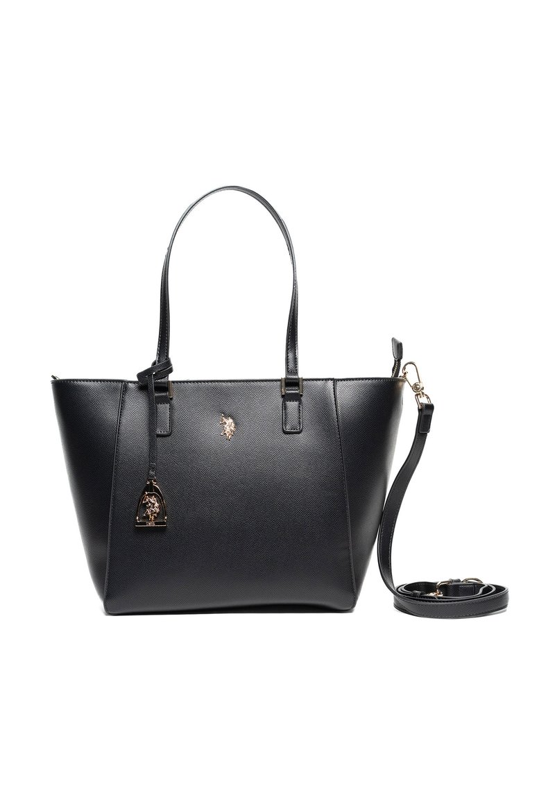 Czarna syntetyczna torba typu tote z złotymi akcentami, podwójnymi uchwytami, odpinanym paskiem na ramię i teksturowanym wykończeniem. Posiada zawieszkę z logo.