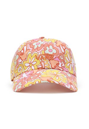 Baseballkappe mit orangefarbenem, pinkem und gelbem Blumenmuster und "VANS"-Logo mittig vorne bestickt.