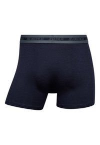 Marineblå boxershorts med en glat tekstur, udstyret med et gråt elastisk bælte mærket "JBS UNDERWEAR." Enkel design, mellemlang pasform.