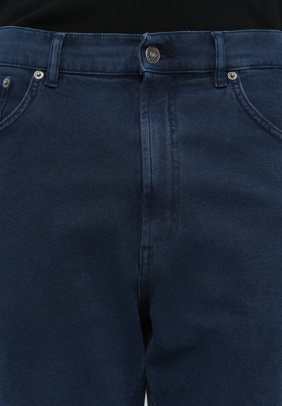 Dark blue denim jeans with front pockets, belt loops, and a metal button closure at the waistband.
