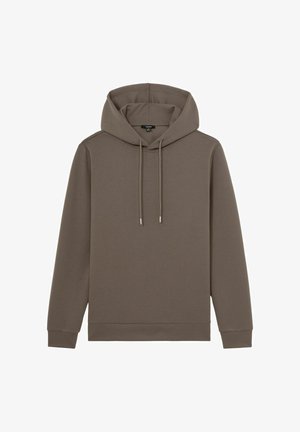 Solider brauner Kapuzenpullover mit langen Ärmeln, vorderen Kordelzügen sowie gerippten Bündchen und Saum, dargestellt auf weißem Hintergrund.