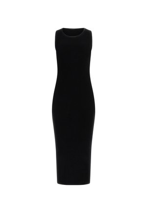 Black ribbed midi dress with a round neckline and sleeveless design, featuring a fitted silhouette that extends to the mid-calf.