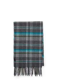 Écharpe à carreaux gris en tissu doux, ornée de lignes teal et vertes. Fignolée avec des bords frangés et une petite étiquette logo.