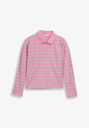 Roze polo met lange mouwen, witte en zwarte horizontale strepen en vier knopen op de voorkant.