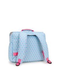 Laptop taske med et lyseblåt mønstret stof, der har lyserøde accenter, et håndtag i toppen og justerbare remme til transport.