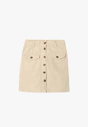 Jupe beige à boutonnage devant, avec passants pour ceinture et deux poches à rabat sur le devant, en tissu texturé.