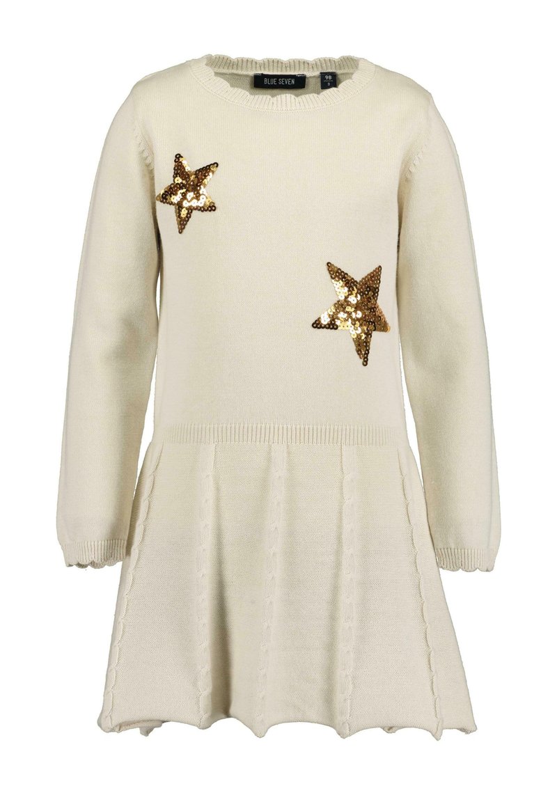 Cremiges Strickkleid mit langen Ärmeln, rundem Ausschnitt und ausgestelltem Rock. Ausgestattet mit zwei goldenen Paillettenstern-Applikationen und strukturierten Saumdetails.