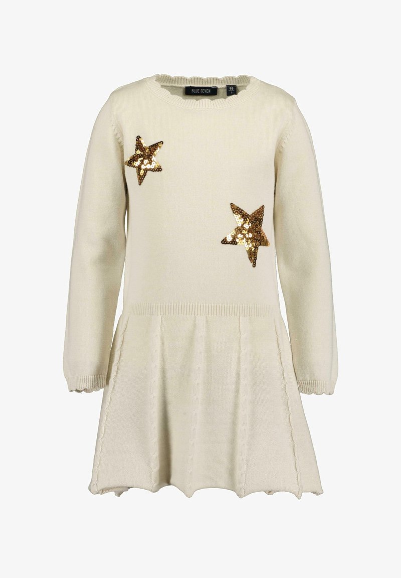 Cremiges Strickkleid mit langen Ärmeln, rundem Ausschnitt und ausgestelltem Rock. Ausgestattet mit zwei goldenen Paillettenstern-Applikationen und strukturierten Saumdetails.