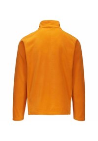 Pullover in pile arancione con colletto alto, maniche lunghe e orlo dritto. Texture liscia e senza chiusure o motivi visibili.