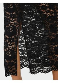 Mustast pitsist kleit, millel on lillemustrid, laineline ääris ja reie kõrgune lõhik. Tekstuur on keerukas ja läbipaistev, kihiliste detailidega.