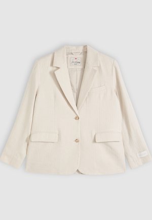 Kreemivärvi ühe rea nööpidega jakk nurgalapitega, kahe esipõllega tasku, rinnatasku ja kahe esiprooviga.