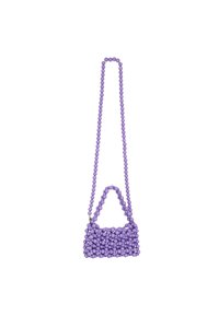 Borsa a tracolla viola con manico corto e lunga tracolla a catena. La sua superficie testurizzata presenta un motivo di perline rotonde disposte in modo pattern.