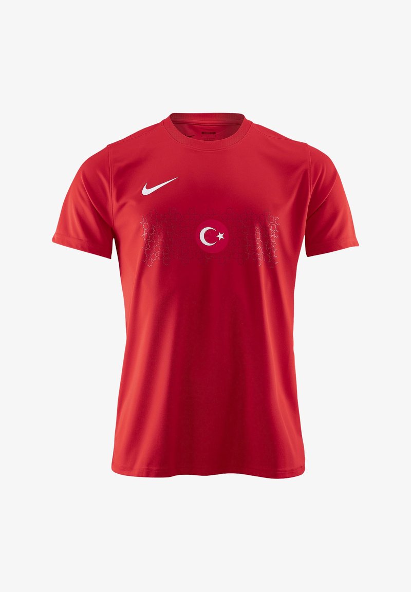 T-shirt de sport rouge à manches courtes avec logo Nike blanc sur la poitrine droite et emblème croissant et étoile du drapeau turc au centre.