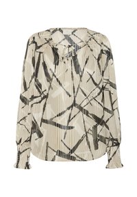 Geplooide blouse in crème en zwart met abstract patroon, zachte stof, lange mouwen met smockmanchetten en een strikdetail bij de hals.