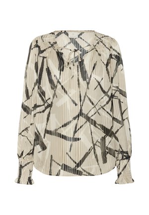 Plisserad blus i kräm och svart med abstrakt mönster, mjukt tyg, långa ärmar med smockade manschetter och detalj med knytning vid halsen.