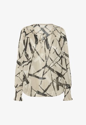 Pliesta bluzelė krème ir juodos spalvos su abstrakčiu raštu, minkšta medžiaga, ilgos rankovės su susiraukšlėtomis rankogaliais ir kaklo raištelio detalė.