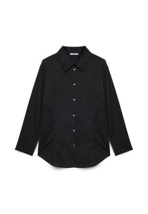 Schwarzes Langarmshirt aus glattem Stoff. Verfügt über einen klassischen Kragen, eine Frontknopfleiste mit goldenen Knöpfen und einen leicht abgerundeten Saum.