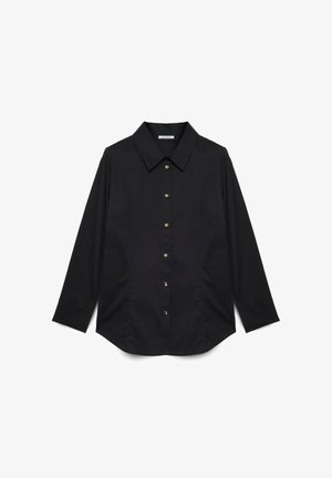 Black long-sleeve shirt made of smooth fabric. Features a classic collar, front button closure with gold buttons, and a slightly curved hemline.