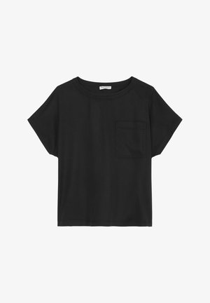 Black short-sleeve T-shirt made of soft cotton with a round neckline. Features a small left chest pocket and a relaxed, loose fit.