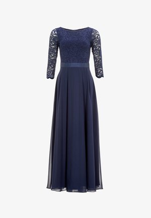 Robe de soirée bleu marine avec des manches en dentelle trois-quarts, un corsage en dentelle ajusté et une jupe fluide avec des plis et une ceinture en satin.