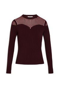 Pull en maille côtelée bordeaux à manches longues avec des rayures roses transparentes aux épaules et une coupe ajustée. Col rond et texture sans couture.