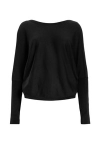 Black knitted sweater with a wide boat neckline, long sleeves, and a relaxed fit. Smooth texture and ribbed hem detail.