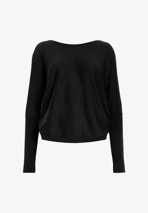 Czarny dziany sweter z szerokim dekoltem w łódkę, długimi rękawami i luźnym krojem. Gładka faktura i detal ściągacza na dole.