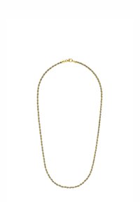 Collana a catena di corda sottile e ritorta con collegamenti alternati in oro e argento e chiusura a moschettone.