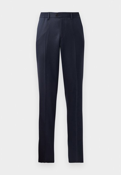 Navy blue trousers with a straight-leg design, elasticized waistband, flat front, and a single button closure. Smooth fabric texture.