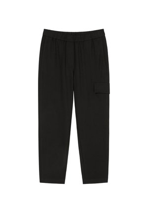 Black pants with an elastic waistband, tapered design, and a side cargo pocket. Made of soft fabric with a sleek, smooth texture.