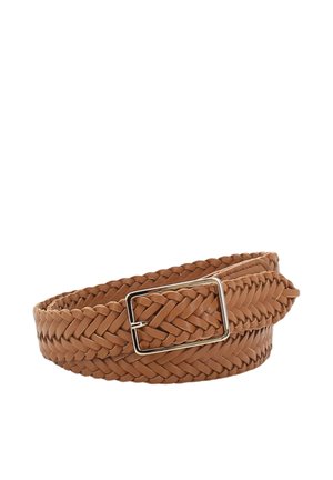 Braided light brown leather belt with a silver rectangular metal buckle, coiled on a white background.