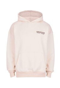 Kremowa bluza z kapturem z przednią kieszenią i niewielkim napisem "Dropsize Hustle Lifestyle" wydrukowanym na lewej piersi.