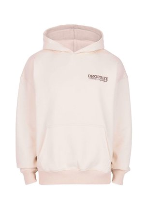Haut à capuche crème avec poche avant et petit texte "Dropsize Hustle Lifestyle" imprimé sur la partie gauche de la poitrine.