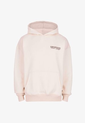 Haut à capuche crème avec poche avant et petit texte "Dropsize Hustle Lifestyle" imprimé sur la partie gauche de la poitrine.