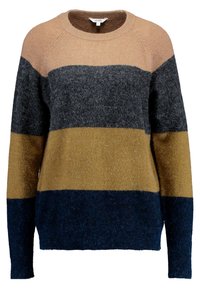 Multicolored sweater featuring horizontal stripes in beige, grey, mustard, and dark blue. Made of soft, fuzzy material with a crew neckline.
