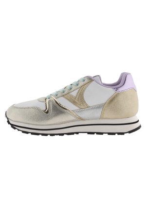 Sneaker with a white, gold, and silver design, featuring light blue laces and a lavender heel. Textured materials and black sole.