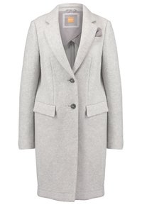 Jasnoszary płaszcz z mieszanki wełny z klapami z wycięciem, zapinany na jeden guzik, z dwoma przednimi kieszeniami i subtelną wewnętrzną kieszenią. Teksturowana tkanina, dopasowany krój.