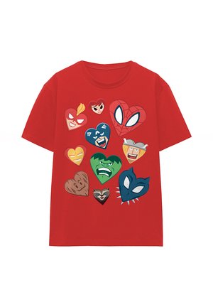 Red short-sleeve t-shirt featuring colorful heart-shaped superhero faces, including Spider-Man, Hulk, and others. Cotton material with graphic print.