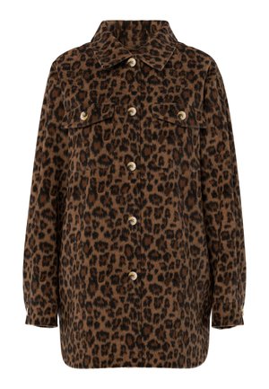 Brūna un melna leoparda raksta krekls-jaka ar apkakli, pogu aizdari, divām krūšu kabatām un garām piedurknēm. Mīksta tekstūra.