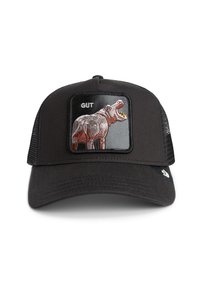 Gorra negra con una parte trasera de malla que presenta un parche bordado de un hipopótamo, el texto "GUT" y una visera estructurada. Tela suave, diseño duradero.