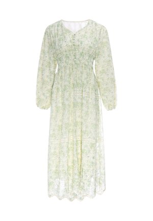 Vestito midi floreale verde chiaro a maniche lunghe con vita arricciata, davanti con bottoni e orlo smerlato su sfondo bianco.