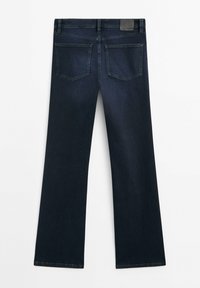 Dark blue wide-leg jeans made from denim. Features a classic five-pocket design with two back pockets and a leather logo patch at the waistband.