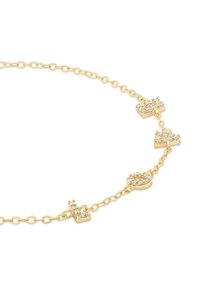 Guldhalsband med fem korspendlar, var och en prydd med klara kristaller, med en slät yta och länkad design.