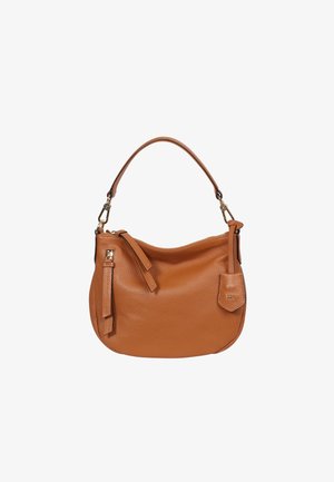 Tan leather handbag with a curved shape, a short handle, zip closure, and a side pocket. Textured surface with minimal hardware accents.