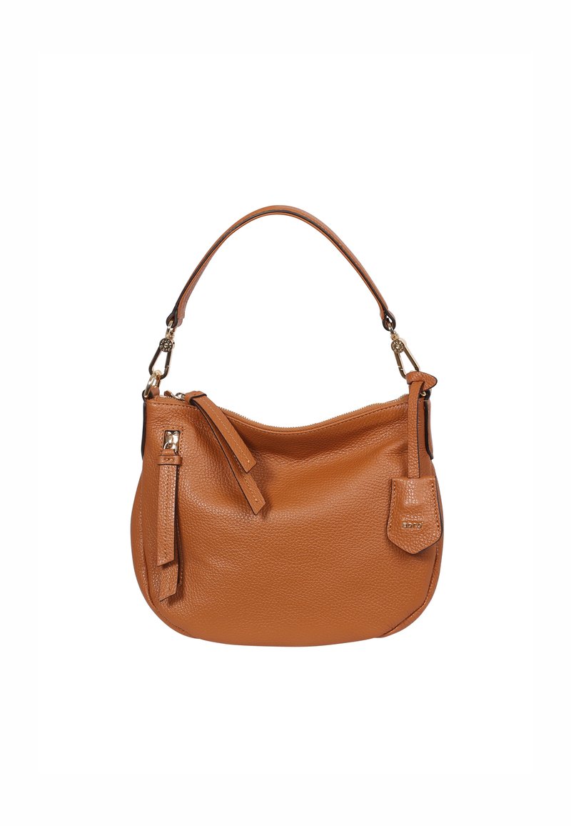 Hellbraune Lederhandtasche mit geschwungener Form, kurzem Henkel, Reißverschluss und einer Seitentasche. Texturierte Oberfläche mit minimalen Hardware-Akzenten.