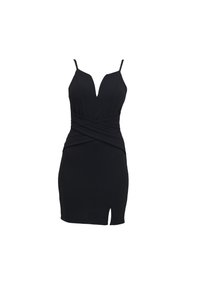 Robe noire avec des bretelles fines, décolleté en V et design torsadé à la taille. Elle présente une longueur courte et une fente à l'ourlet.