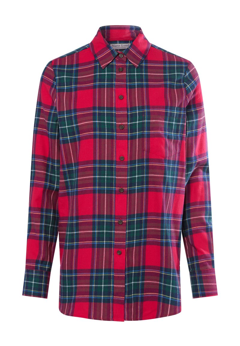 Camicia a quadri rossa e verde realizzata in tessuto morbido, con colletto classico, bottoni frontali e una tasca singola sul petto. Maniche lunghe.