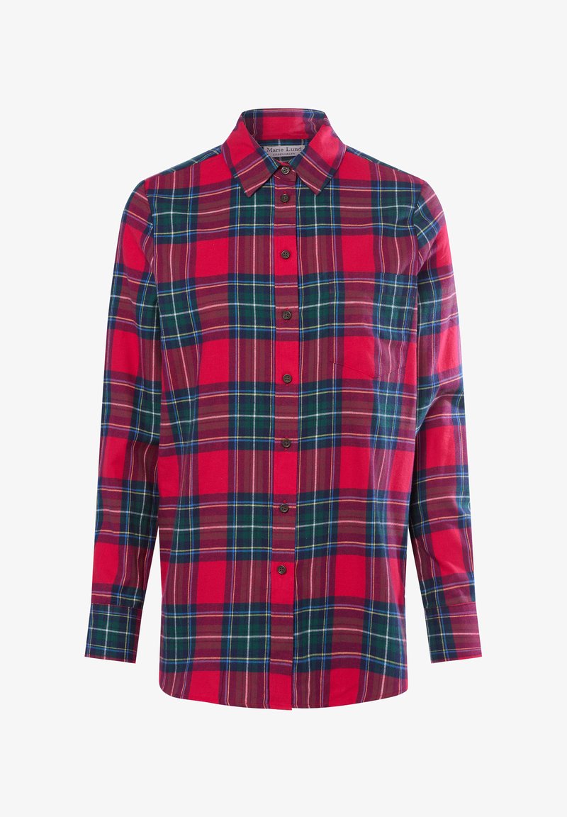 Camicia a quadri rossa e verde realizzata in tessuto morbido, con colletto classico, bottoni frontali e una tasca singola sul petto. Maniche lunghe.